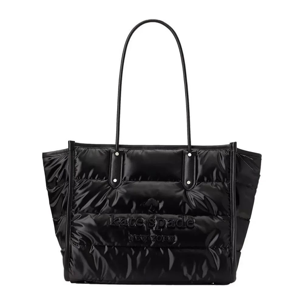 NEW Kate Spade Ella Puffy Black XL Tote Bag Nylon Leather Trim Travel Work Zip